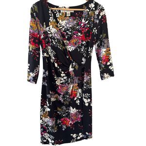 Whimsigoth Womens Faux Wrap Midi Dress Size 6 V Neck Black Floral Dark Bloomcore